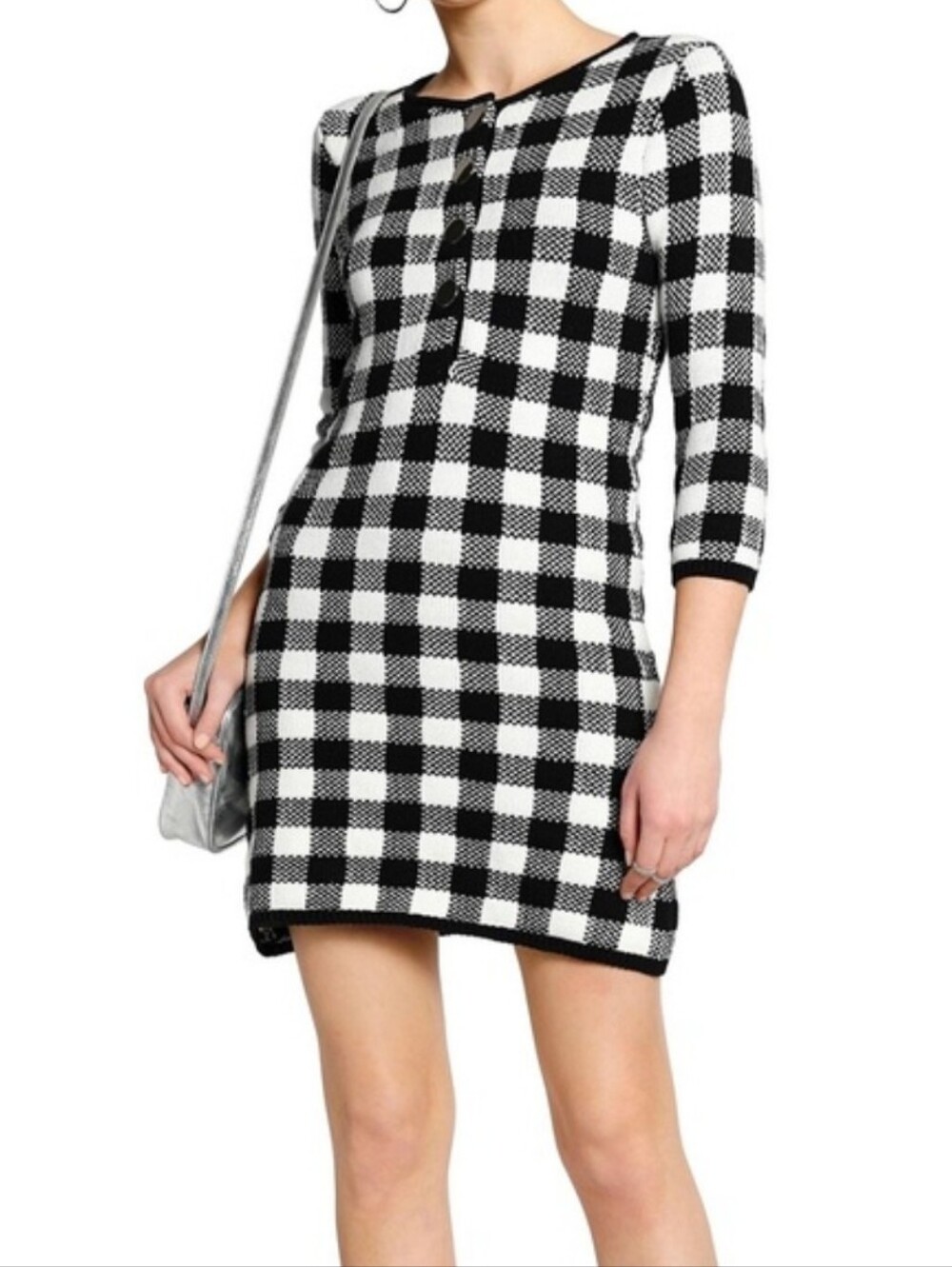 Maje Check Button Front Cotton Gingham Pattern Knit Mini Dress Black White XS